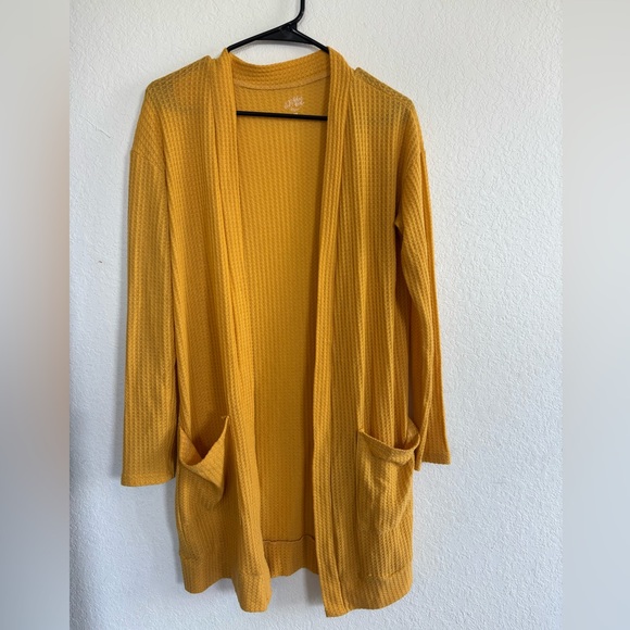 Tickled Teal Mustard Open-Front waffle Cardigan - Picture 1 of 4